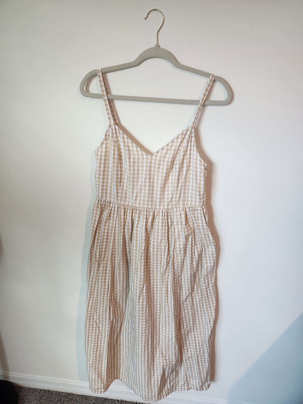 Old Navy Beige Gingham Midi Dress with Spaghetti Straps
